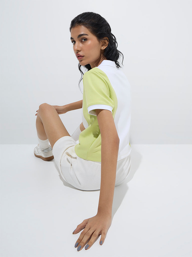 Studiofit Neon Green Colour-Blocked Polo T-Shirt
