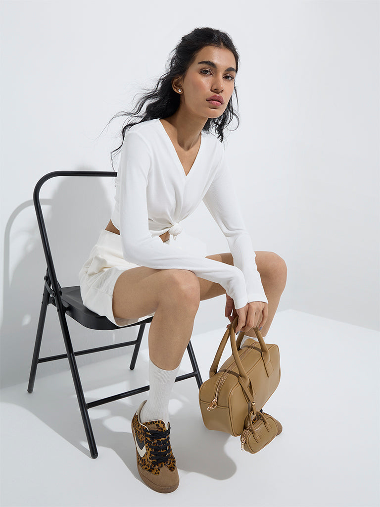 westisde Studiofit Women's White Ribbed-Textured T-Shirt for Sports Wear Full Model View