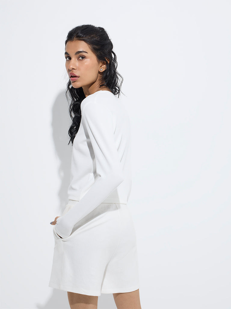 westisde Studiofit Women's White Ribbed-Textured T-Shirt for Sports Wear Back View