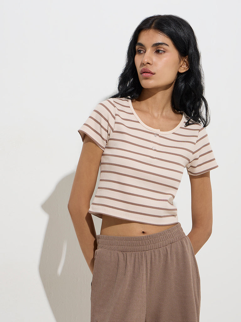 Studiofit Taupe Striped Cotton-Blend T-Shirt