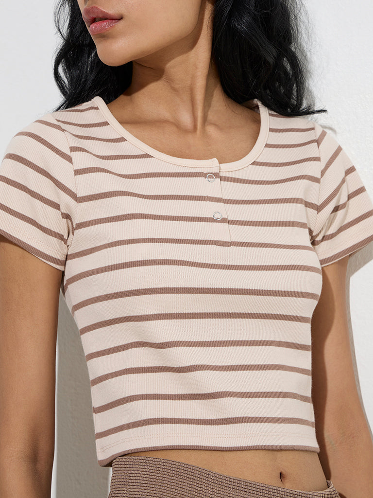 Studiofit Taupe Striped Cotton-Blend T-Shirt