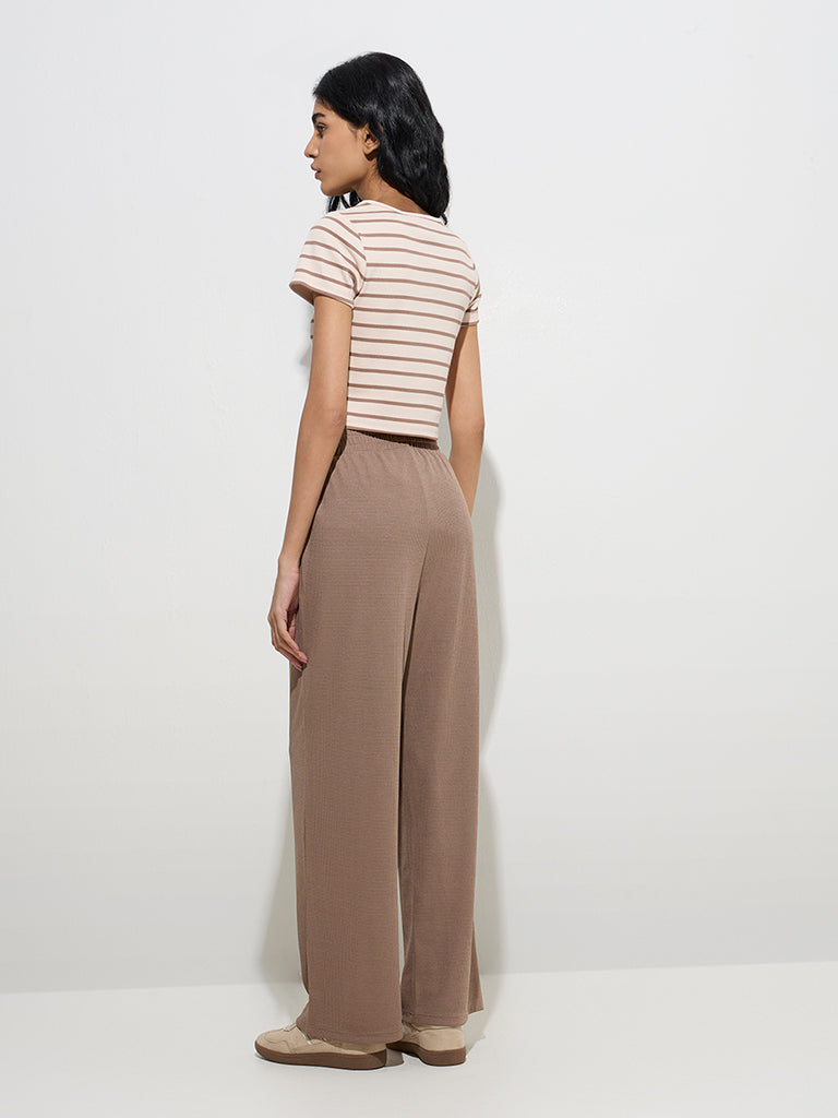 Studiofit Taupe Striped Cotton-Blend T-Shirt