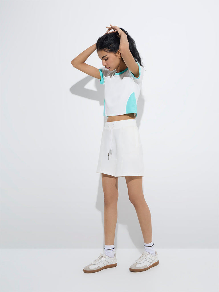 westisde Studiofit Women's White Colour-Blocked T-Shirt for Sports Wear Full Model View