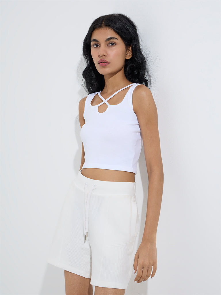 westisde Studiofit Women's White Cut-Out Detailed Cotton-Blend Top for Sports Wear Front View