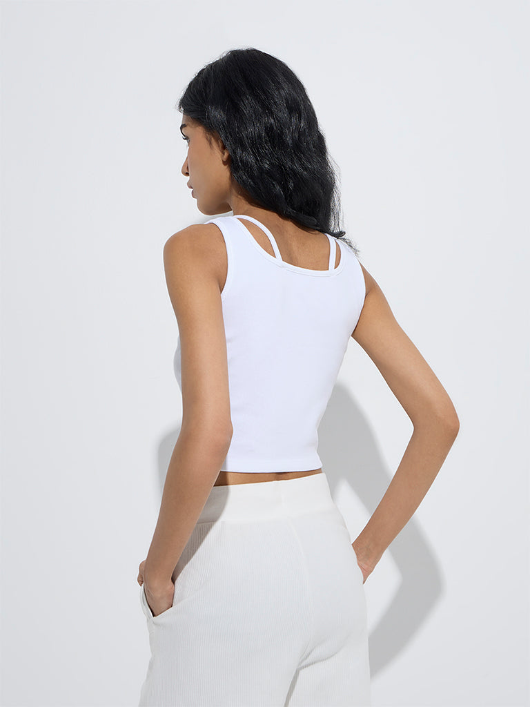 westisde Studiofit Women's White Cut-Out Detailed Cotton-Blend Top for Sports Wear Back View