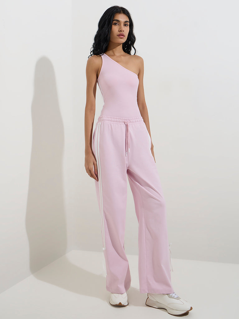Studiofit Pink Ribbed-Textured One-Shoulder Bodysuit
