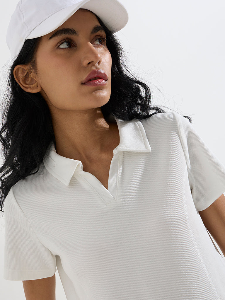 Studiofit White Ribbed Cotton-Blend Polo T-Shirt
