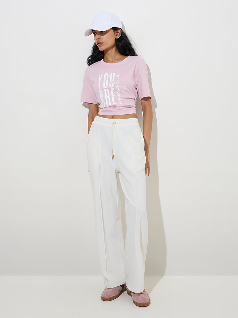 Studiofit Light Pink Text Design Cotton T-Shirt