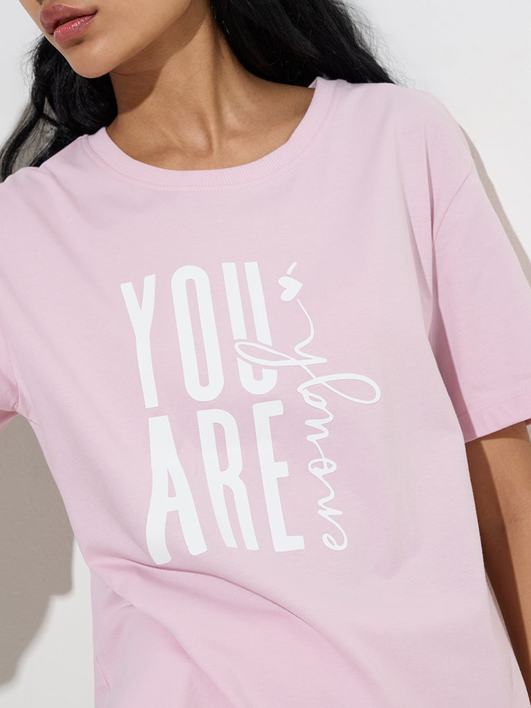 Studiofit Light Pink Text Design Cotton T-Shirt