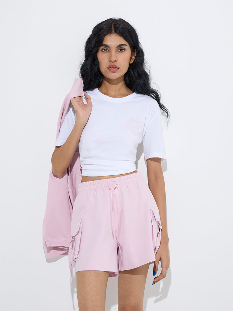 westisde Studiofit Women's White Text Design Cotton T-Shirt for Sports Wear Front View