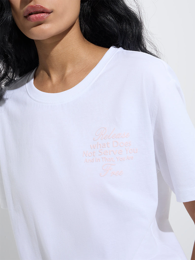 westisde Studiofit Women's White Text Design Cotton T-Shirt for Sports Wear Zoom View