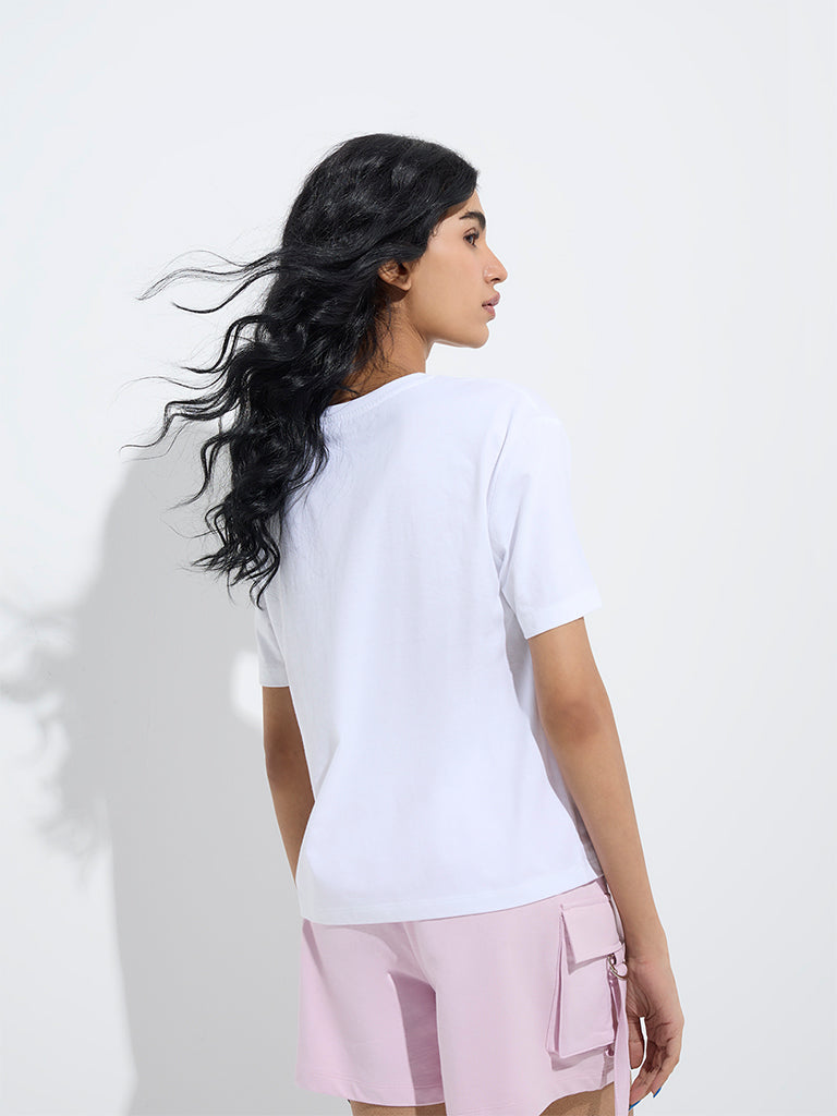 westisde Studiofit Women's White Text Design Cotton T-Shirt for Sports Wear Back View