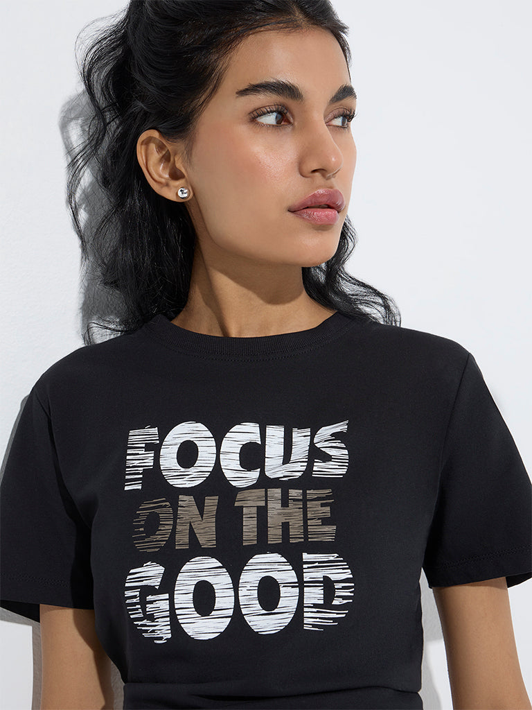 westisde Studiofit Women's Black Text Printed Cotton T-Shirt for Sports Wear Zoom View