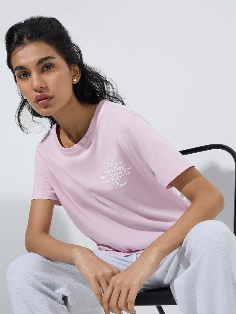 Studiofit Light Pink Typographic Cotton T-Shirt