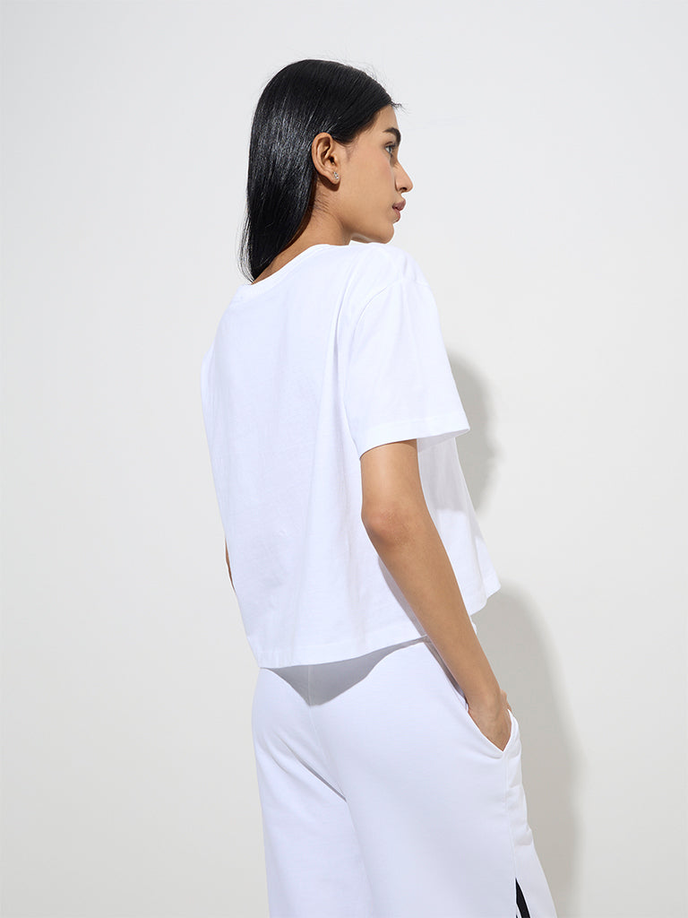 Studiofit White Text Printed Cotton T-Shirt