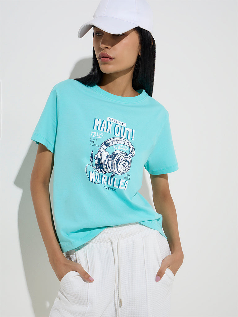 Studiofit Aqua Text Patterned Cotton T-Shirt