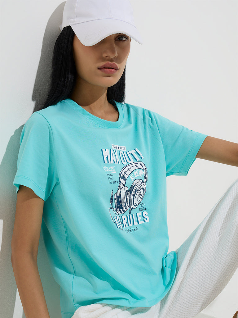 Studiofit Aqua Text Patterned Cotton T-Shirt