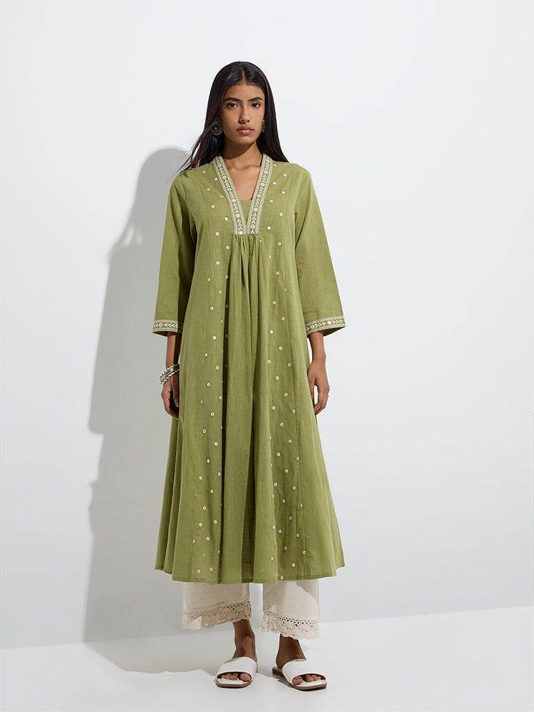 Westside Utsa Women's Olive Mirror Embroidered Cotton A-Line Kurta for Work Wear Front View