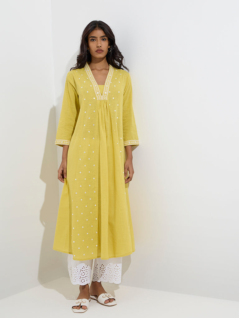 Westside Utsa Women's Yellow Embroidered Cotton A-Line Kurta for Work Wear Full Model View