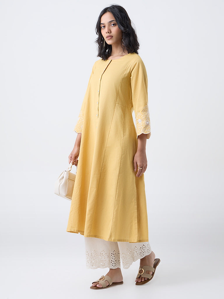 Utsa Yellow Floral Embroidered Cotton-Blend A-Line Kurta