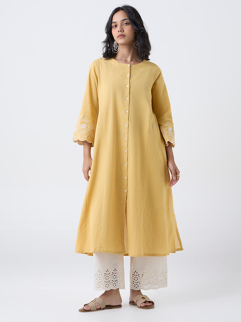 Utsa Yellow Floral Embroidered Cotton-Blend A-Line Kurta