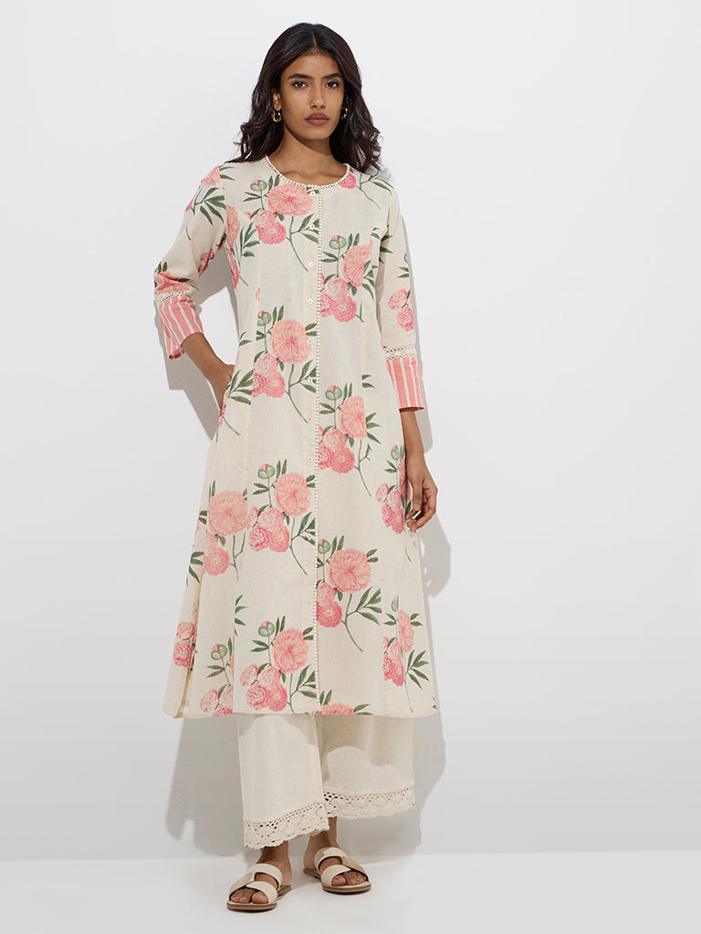 Westside Utsa Women's Pink Floral Detailed Cotton-Blend A-Line Kurta for Work Wear Front View