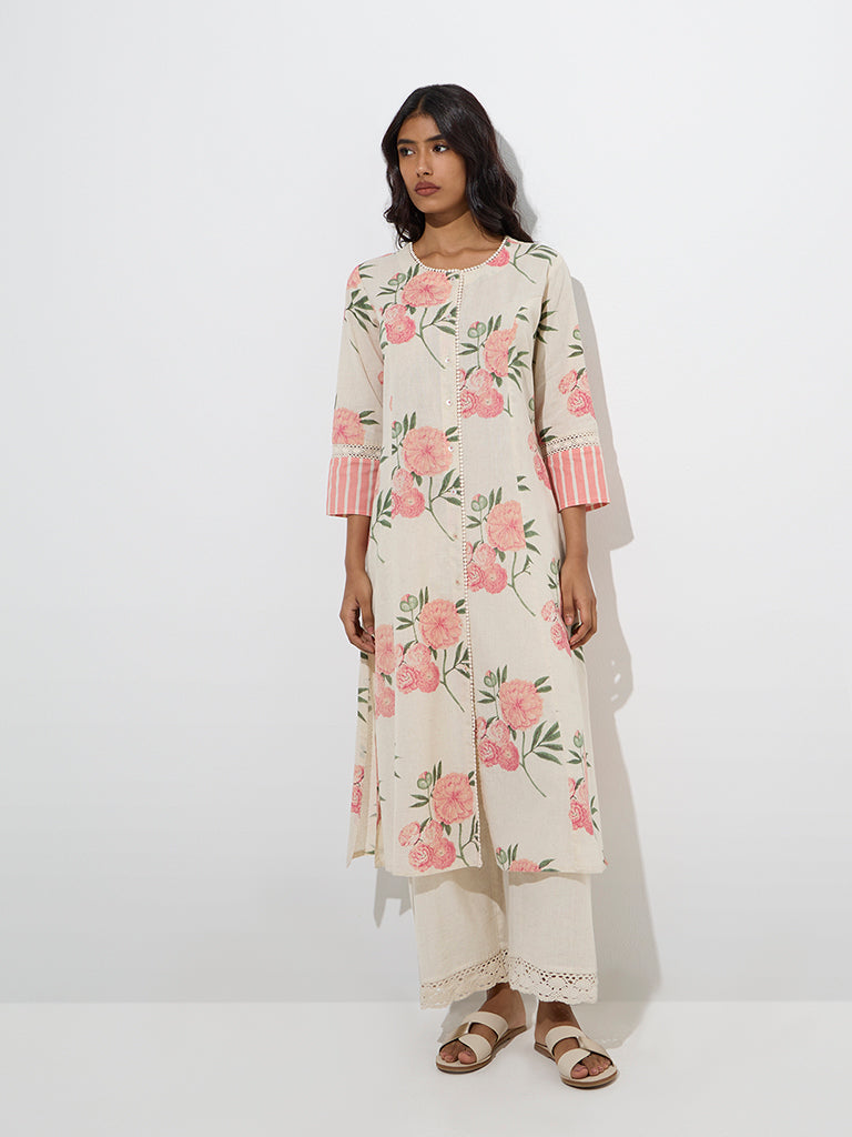 Westside Utsa Women's Pink Floral Detailed Cotton-Blend A-Line Kurta for Work Wear Full Model View