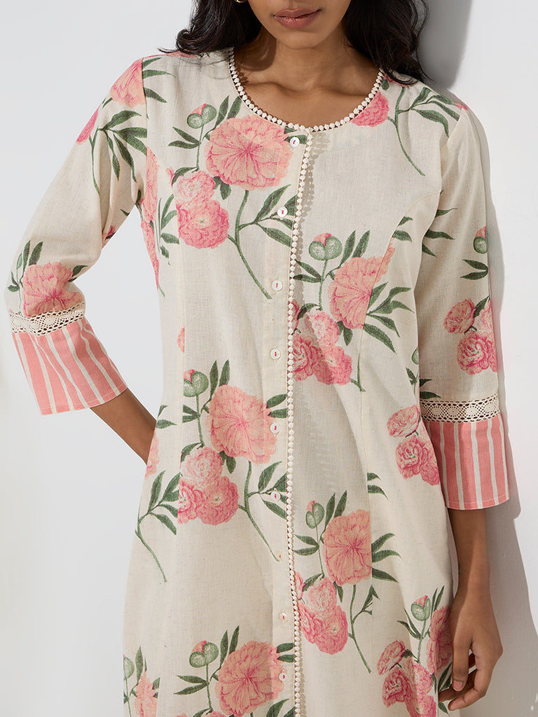 Westside Utsa Women's Pink Floral Detailed Cotton-Blend A-Line Kurta for Work Wear Zoom View