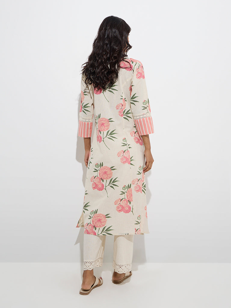 Westside Utsa Women's Pink Floral Detailed Cotton-Blend A-Line Kurta for Work Wear Back View
