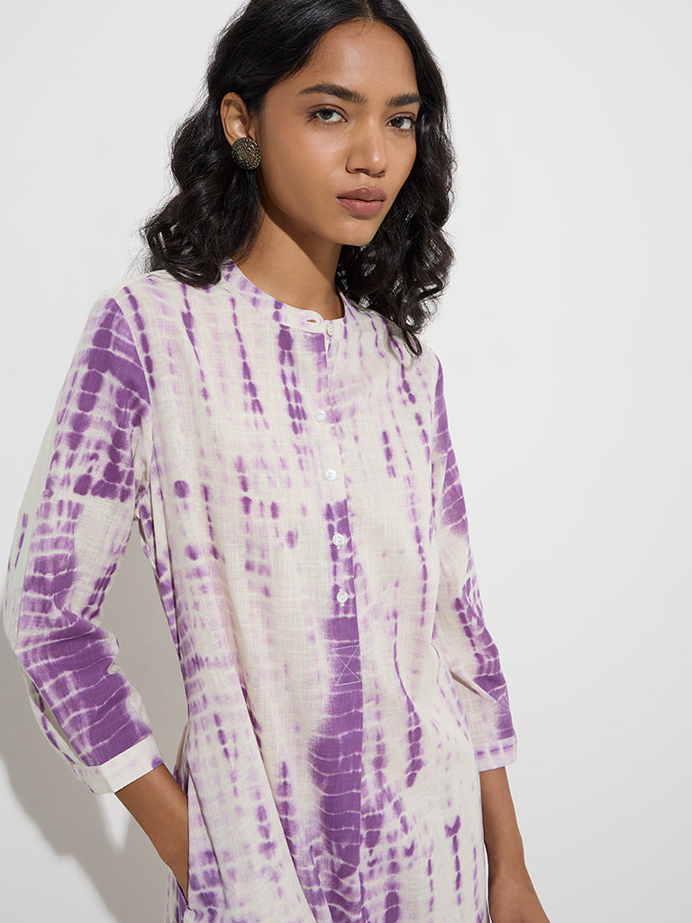 Utsa Purple Tie-Dye Printed Cotton A-Line Kurta