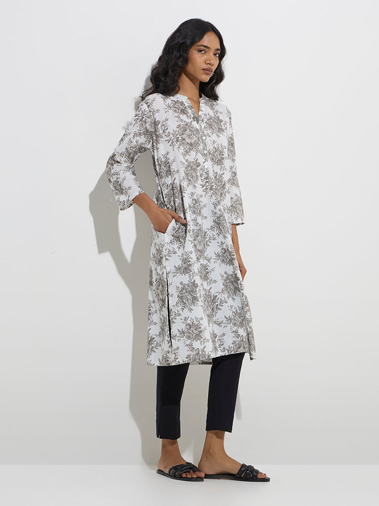 Utsa Grey Botanical Pattern Straight Cotton Kurta
