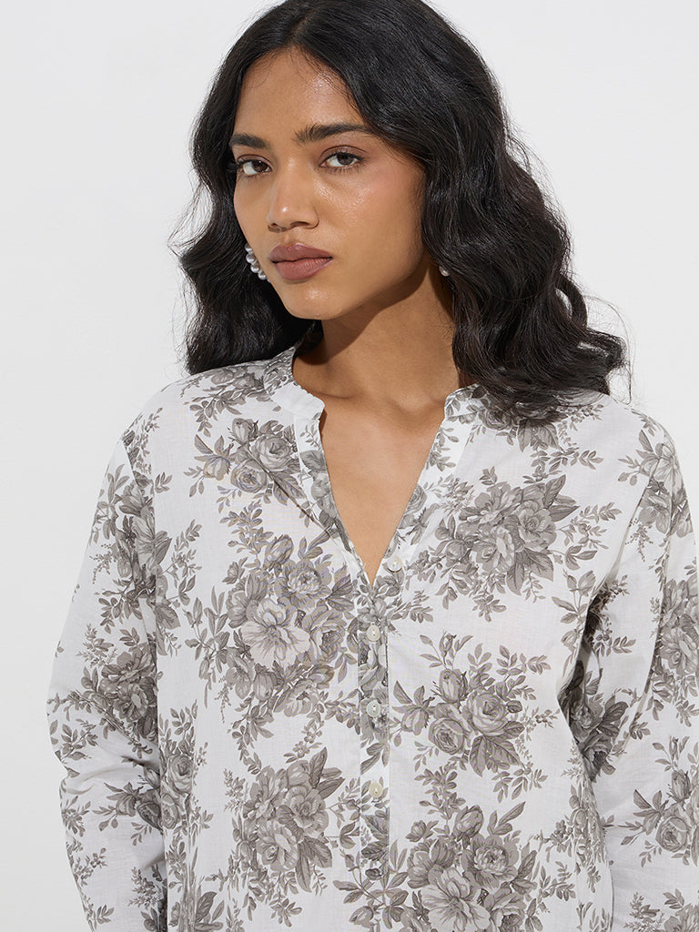 Utsa Grey Botanical Pattern Straight Cotton Kurta