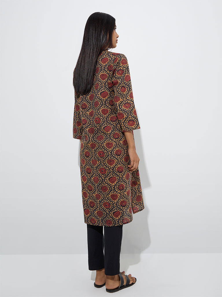 Utsa Red Floral Pattern Cotton Straight Kurta