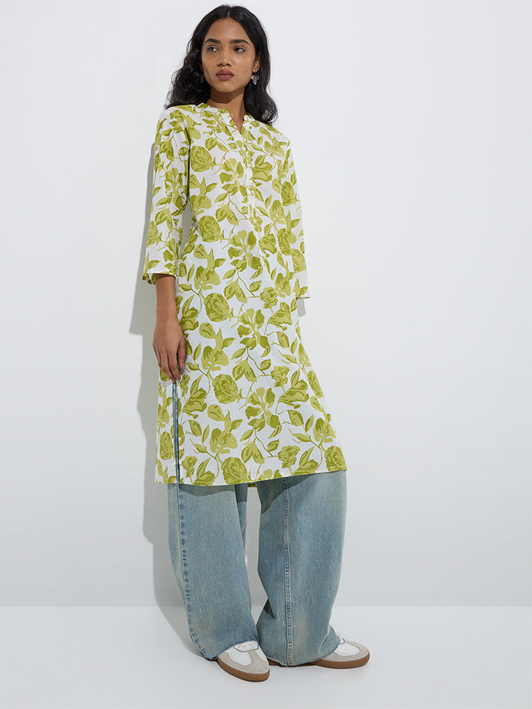Utsa Lime Leaf Patterned Straight Cotton Kurta