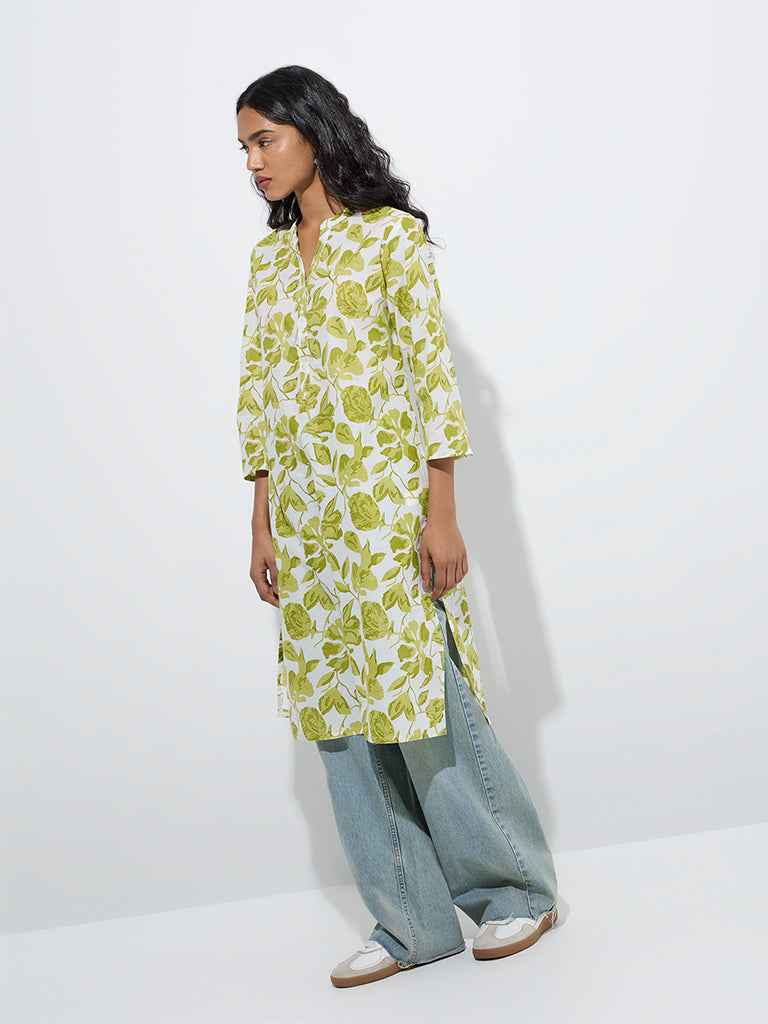 Utsa Lime Leaf Patterned Straight Cotton Kurta