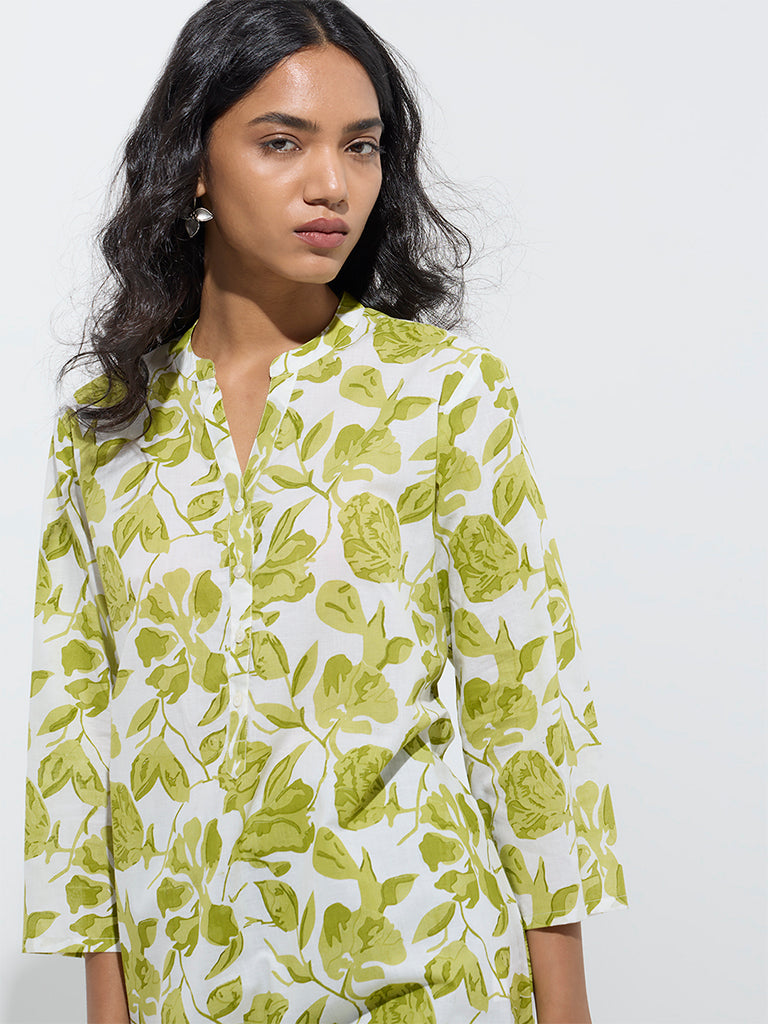 Utsa Lime Leaf Patterned Straight Cotton Kurta