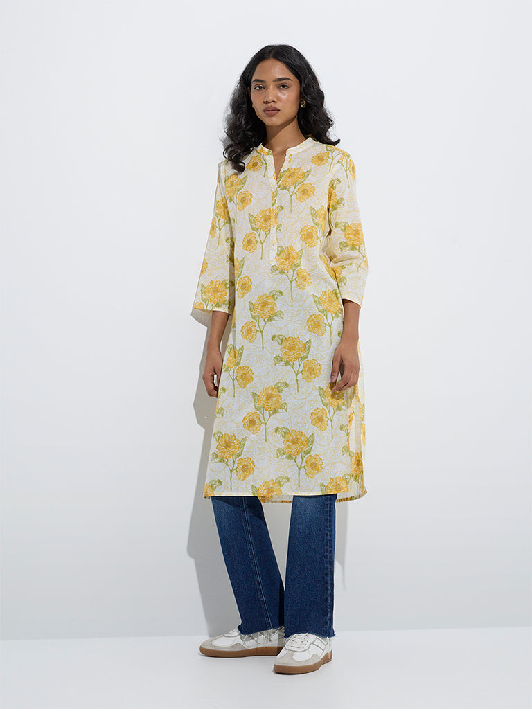 Utsa Yellow Floral Pattern Straight Cotton Kurta