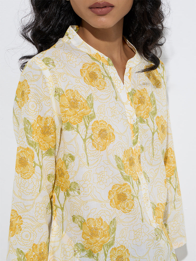 Utsa Yellow Floral Pattern Straight Cotton Kurta