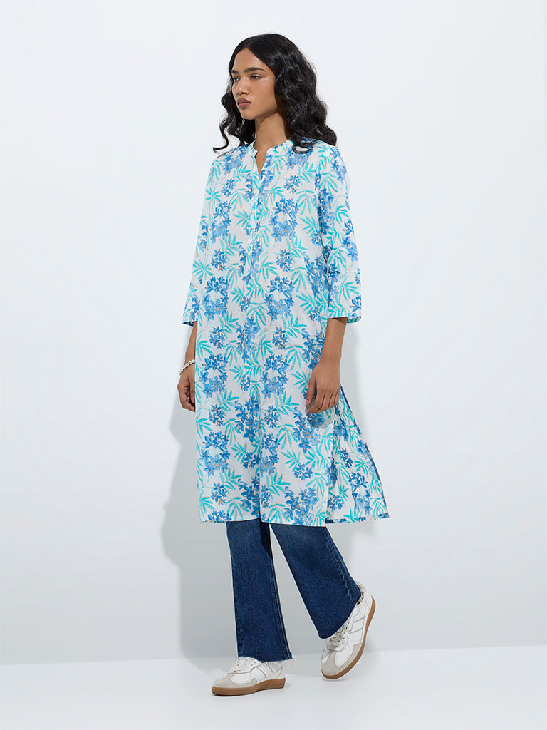 Utsa Aqua Foliage Printed Straight Cotton Kurta