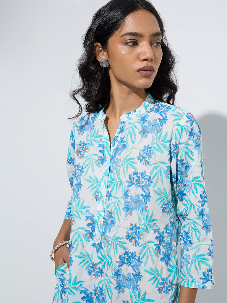 Utsa Aqua Foliage Printed Straight Cotton Kurta