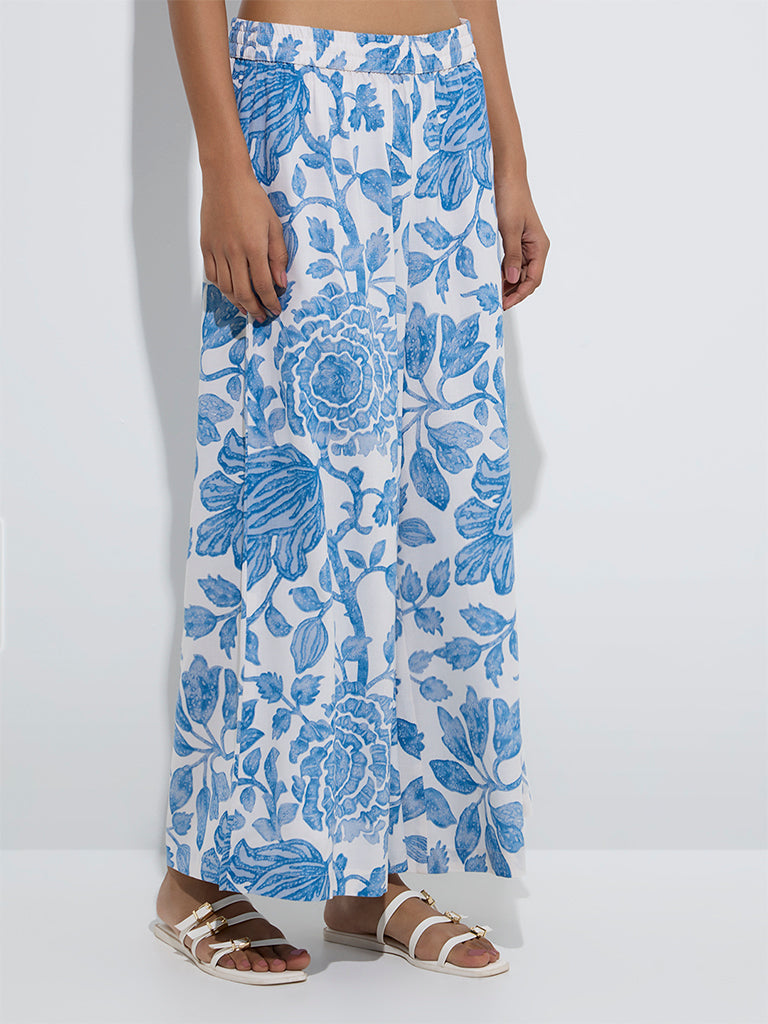 Westside Utsa Women's Blue Floral Pattern Palazzos for Everyday Front View