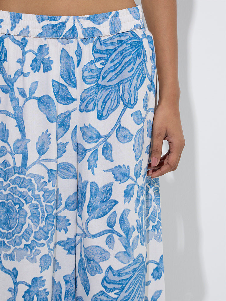 Westside Utsa Women's Blue Floral Pattern Palazzos for Everyday Zoom View