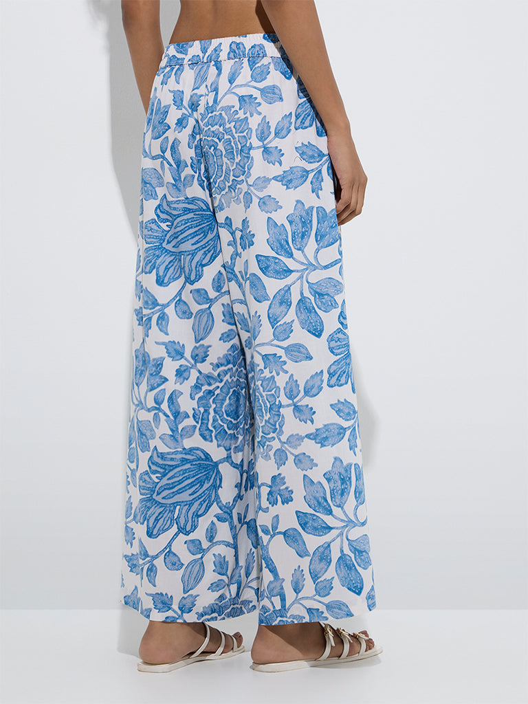 Westside Utsa Women's Blue Floral Pattern Palazzos for Everyday Back View