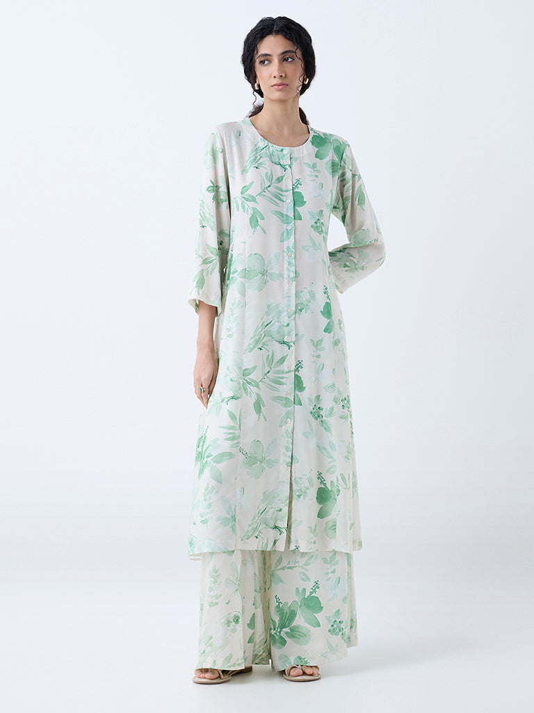 Westside Zuba Women's Green Botanical Printed Palazzos for Work Wear Full View