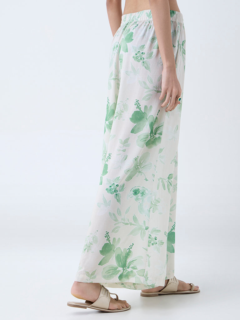 Westside Zuba Women's Green Botanical Printed Palazzos for Work Wear Back View