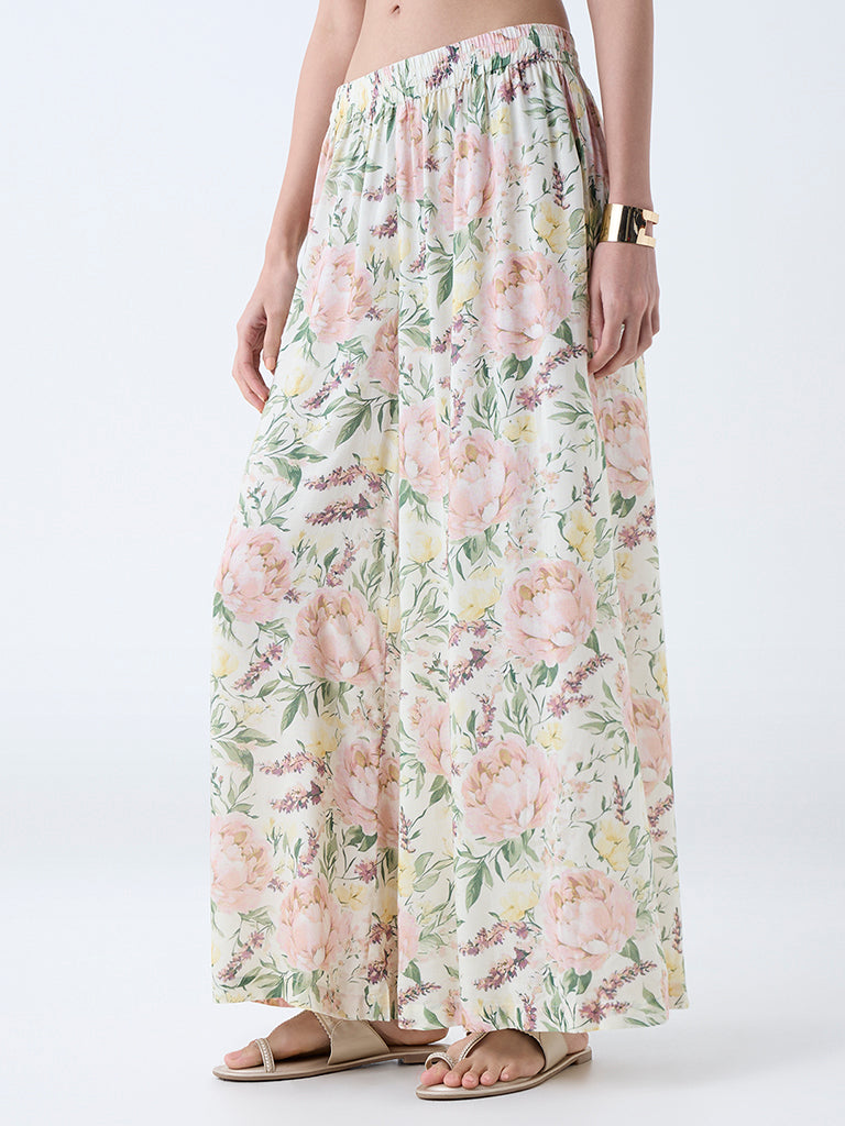 Westside Zuba Women's Multicolour Floral Pattern Palazzos for Work Wear Front View