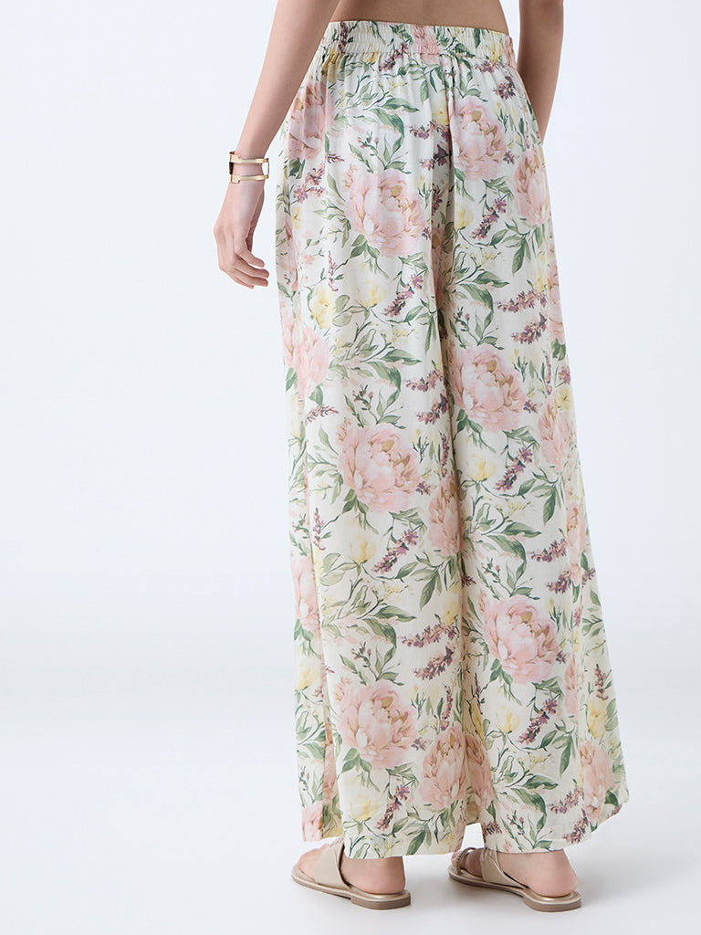 Westside Zuba Women's Multicolour Floral Pattern Palazzos for Work Wear Back View