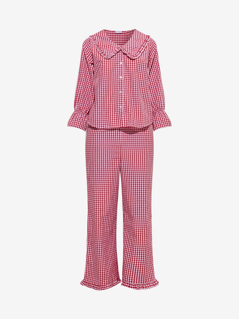 westisde Wunderlove Women's Red Checks Cotton-Blend Shirt with Pyjamas Set for Casual Wear Flatly View