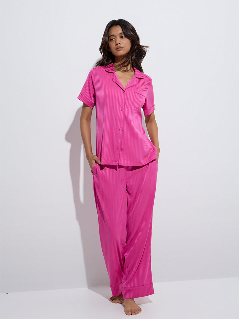 westisde Wunderlove Women's Fuchsia Self-Striped Shirt and Pyjamas Set for Casual Wear Full Model View