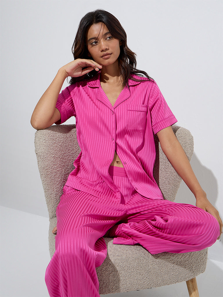 westisde Wunderlove Women's Fuchsia Self-Striped Shirt and Pyjamas Set for Casual Wear Front View